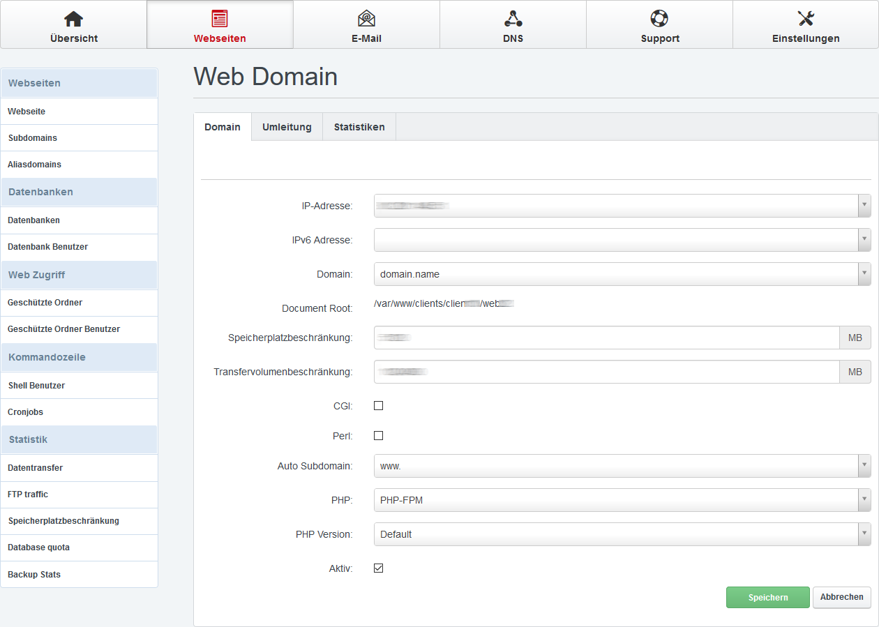 Webseiten Domains hinzufügen/bearbeiten Tab Domain