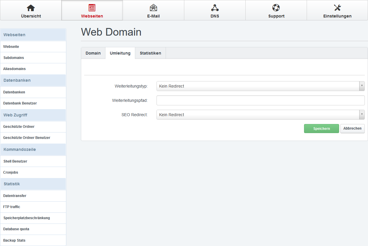 Web Domain hinzufügen/bearbeiten Tab Umleitung